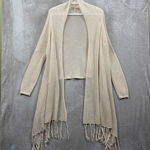 Democracy Cardigan Sweater Cream Mesh Knit Open Front Waterfall Fringe XL